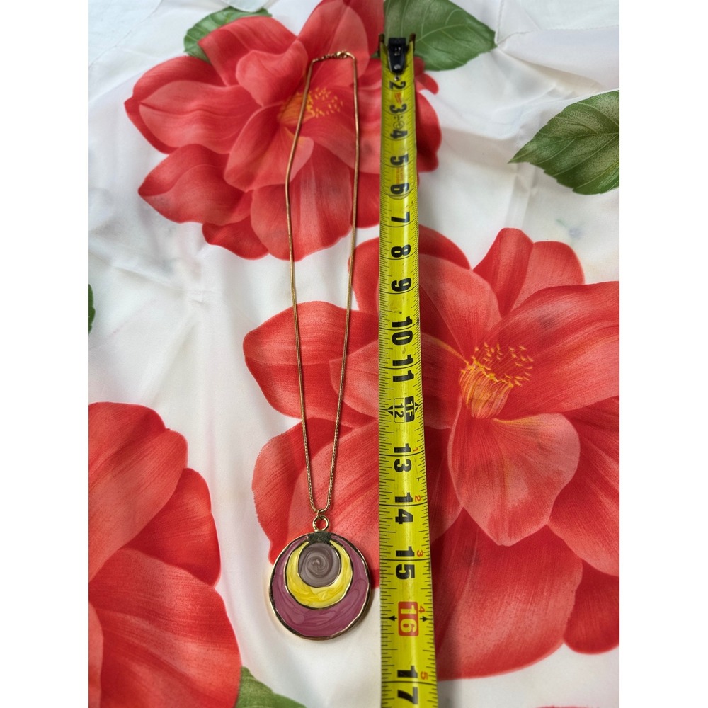 Vintage Enamel Concentric Circle Pendant Gold Tone Snake Chain Necklace 30 Inch - Picture 6 of 7